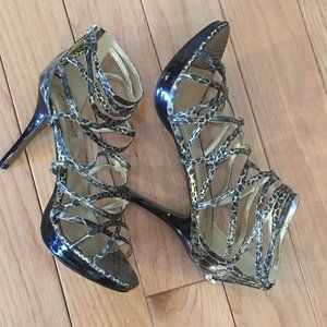 Anne Michelle Metalic/Leapord Strap High Heels